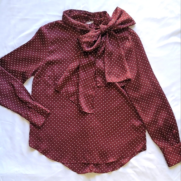 Zara S maroon polka dot blouse with bow - Picture 2 of 6